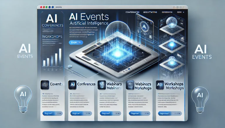 DALL·E 2024 11 13 23.25.17 A sleek modern website section dedicated to AI events showcasing upcoming conferences webinars and workshops related to artificial intelligence. T 768x439